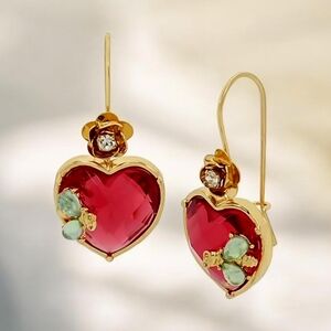 NEW Betsey Johnson Elegant Pink Faceted Stone Heart Drops With Flower Accent